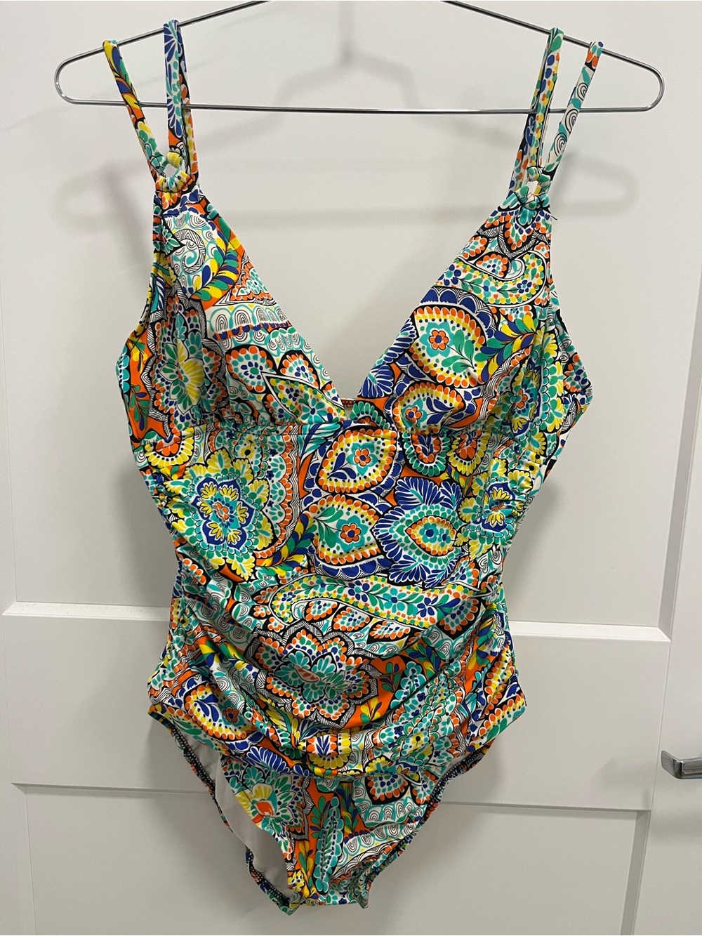 Laura Scott Paisley-Print One-Piece Swimsuit in Teal, Orange & Yellow